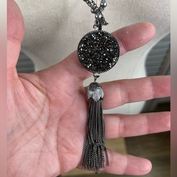 Multi Strand Gunmetal Gray Necklace w Large Tassled Pendant Adjustable Length - Picture 3 of 5